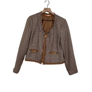 Ellen Tracy Womens Brown Tweed Blazer Gold Accents Size 8